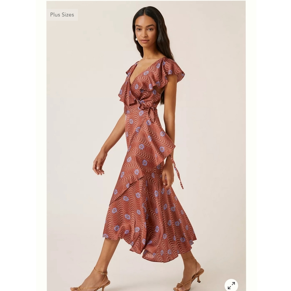 Anthropologie Ruffle-Sleeve Printed-Wrap Maxi Dress Size XL - Picture 2 of 10
